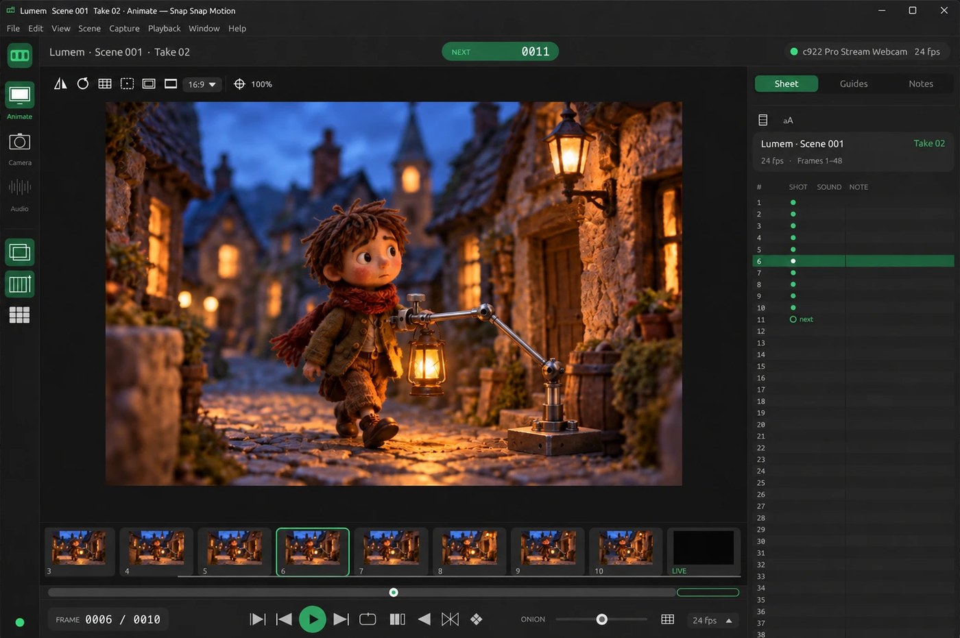 Snap Snap Motion animate workspace with filmstrip, frame sheet and transport bar